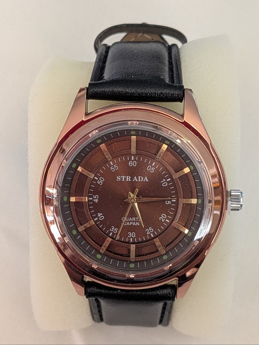 Strada Unisex Watch Brown Dial Rose Gold Case and Black Faux Leather Strap (New)